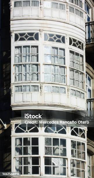 Galería Traditional Glass Facade Detail La Coruña City Galicia Spain Stock Photo - Download Image Now