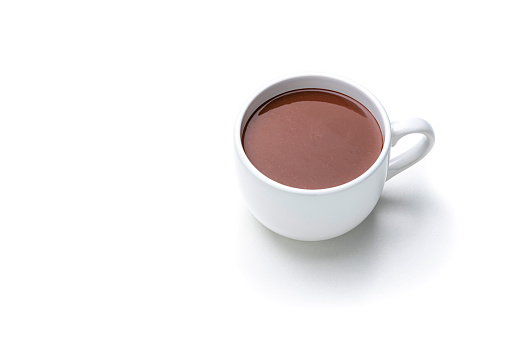 Sweet food: high angle view of a hot chocolate mug isolated on white background. High resolution 42Mp studio digital capture taken with Sony A7rII and Sony FE 90mm f2.8 macro G OSS lens