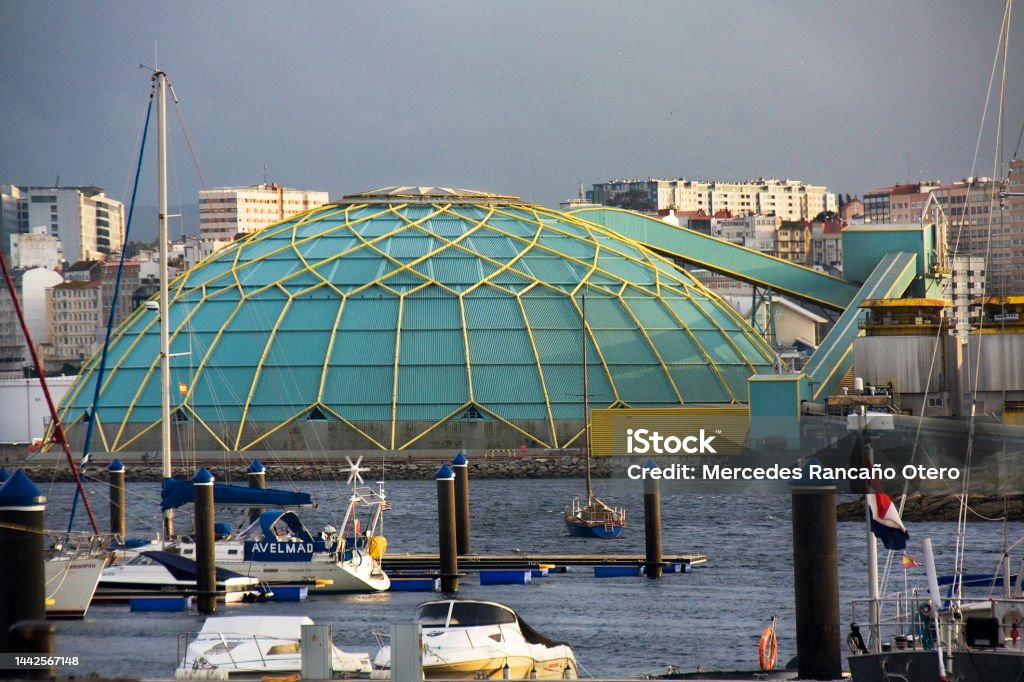 A Coruña harbor, storage dome structure. Storage dome structure in A Coruña city large harbor. Galicia, Spain. Environmental issues. A Coruna Stock Photo