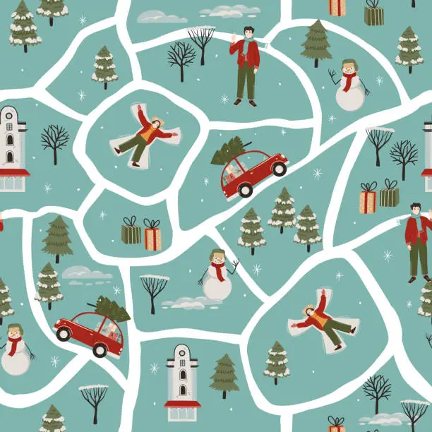 Vector illustration of Vector seamless pattern with winter map, Christmas trees, celebration people, snowman and buildings. Cartoon Illustration for Background, wallpaper, wrapping paper