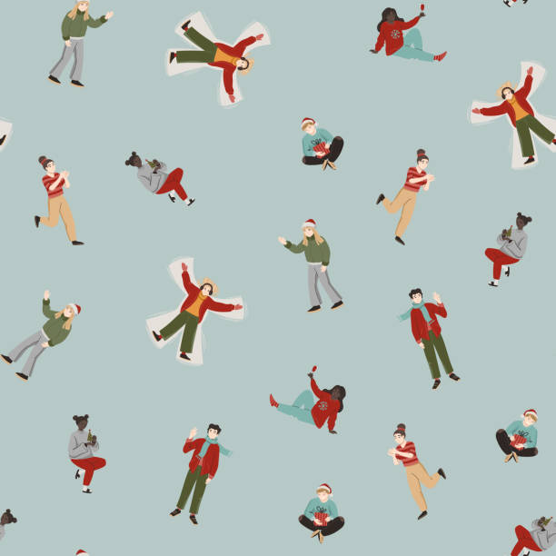 Vector seamless pattern with different celebration people. Christmas or New Year concept. Cartoon Illustration for Background, wallpaper, wrapping paper Vector seamless pattern with different celebration people. Christmas or New Year concept. Cartoon Illustration for Background, wallpaper, wrapping paper snow angels stock illustrations