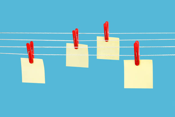 istock Clean stickers hang on clothespins on ropes for drying clothes 1442568058