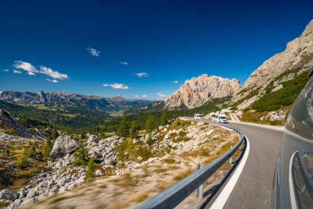 istock Road trip high up on mountain road through dolomites 1442568273
