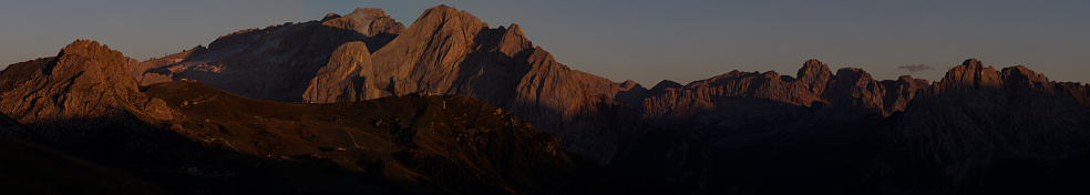 Panoramic view of the Pyrenees mountains. Horizon with mountain landscape with clear sky and sunny day with nuves and fog.