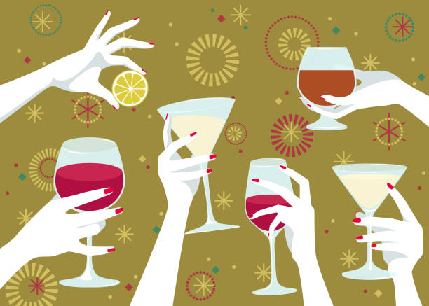 ilustraciones, imágenes clip art, dibujos animados e iconos de stock de manos de mujeres sosteniendo varias copas con vino, champán y cóctel - cognac wine backgrounds togetherness