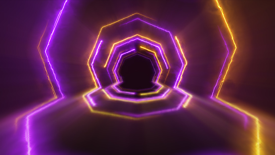 Tunnel Hexagon Neon Burning Electrical Purple & Yellow Volume light (close-up)