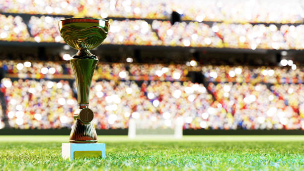 Soccer or football trophy cup on stadium Soccer or football trophy cup on stadium in spotlight. Sport stadium playing field grass fifa world cup stock pictures, royalty-free photos & images