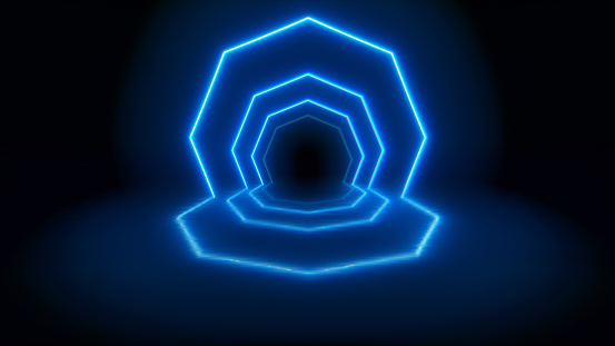 Tunnel Hexagon Neon Blue, Can be used for interior design, space concept, technology, science, industrial design, laboratory concepts.