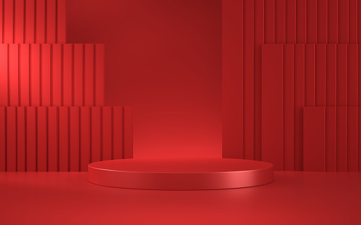 3d render Red Metallic Podium, Spotlight, Round podium on turquoise endless background, product promotion, empty product promotion scene (Close-up)