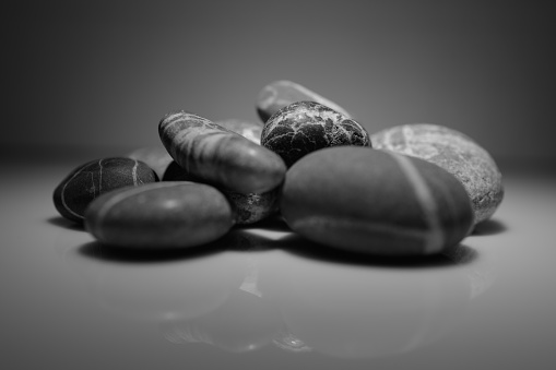 Group of sea stones close-up. Selective focus. Fine art. Still life.