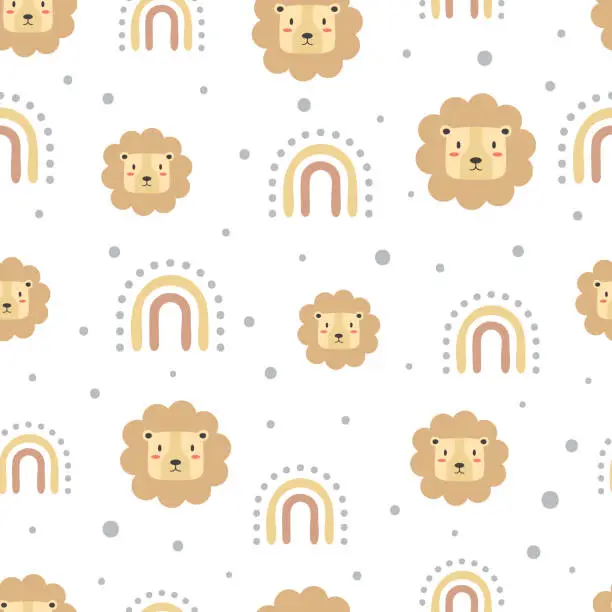 Vector illustration of Cute lion heads with rainbows seamless vector pattern