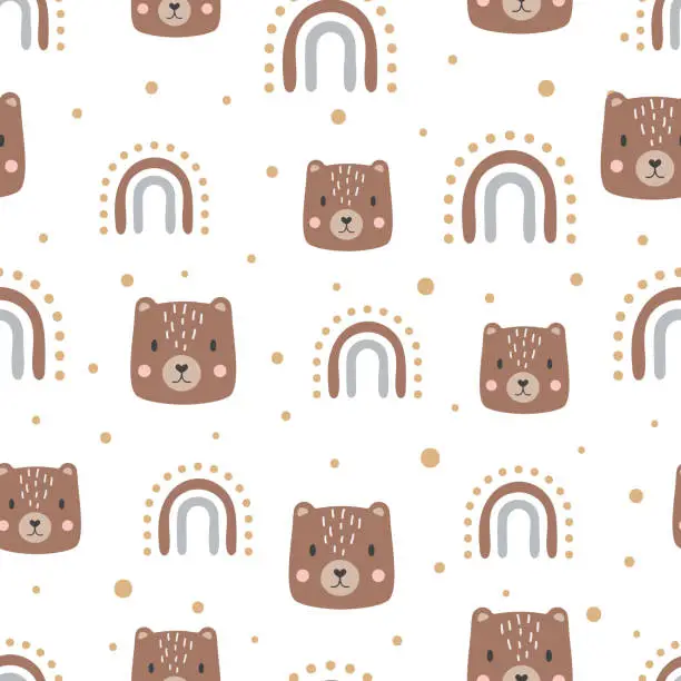 Vector illustration of Cute bear heads with rainbows seamless vector pattern