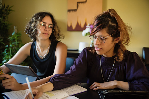 Transgender girl and non-binary teen friends doing their homework. Both are multiracial, one half asian, the other half latino. Horizontal indoors waist up shot with some copy space. This was taken in the suburbs of Montreal, Quebec, Canada.