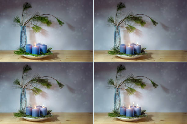 istock Four images with blue candles, lighted for the first to fourth advent, vase with pine branches, snowy bokeh on the purple gray background, series for the Christmas season, copy space, 1442571389