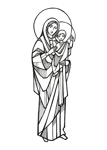 Hand drawn vector illustration or drawing of Holy Mary, Queen of the Apostles