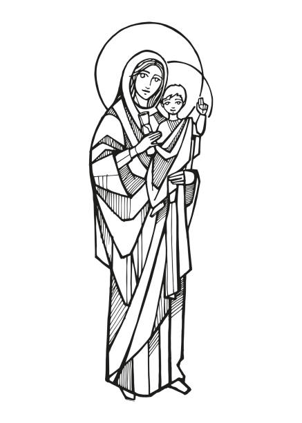 Hand drawn illustration of Holy Mary, Queen of the Apostles Hand drawn vector illustration or drawing of Holy Mary, Queen of the Apostles Worshipper stock illustrations