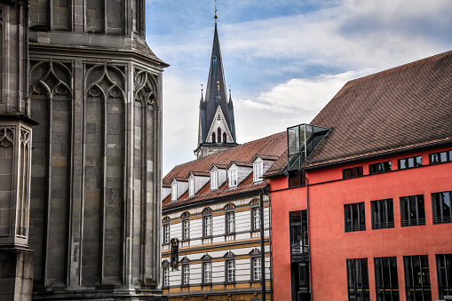 Close Up View Of Apartment Buildings With Church Tower Over Them In Konstanz, Germany