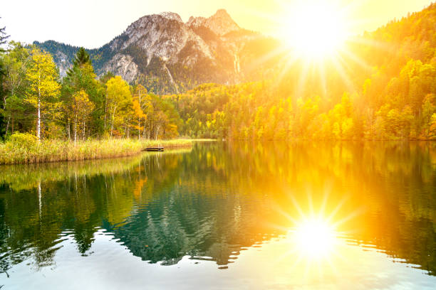 istock panoramic landscape with lake, mountain range and sun on sky 1442574115
