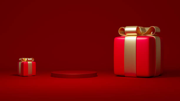istock stage for product placement In the middle between two red gift boxes of different sizes. 3D Scene. 1442575865