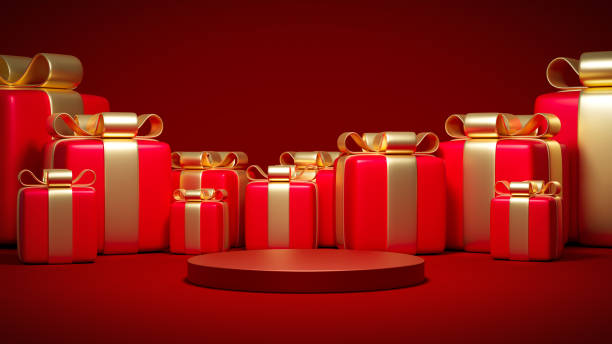 istock stage for product placement In between several red gift boxes of different sizes. 3D Scene. 1442575870