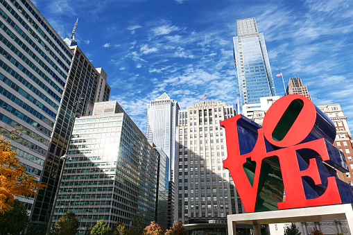 Philadelphia USA, photographed on October 28, 2022. The Love sculpture is on public display. It is a famous monument by Robert Indiana located in the center city Phildelphia at JFK Plaza