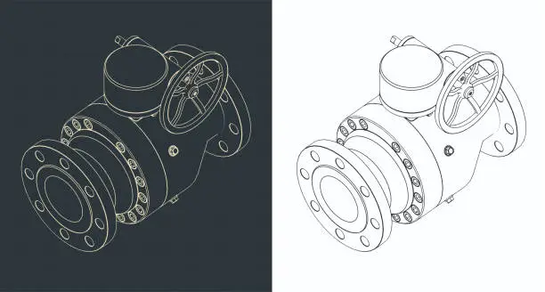 Vector illustration of Ball valve isometric blueprints