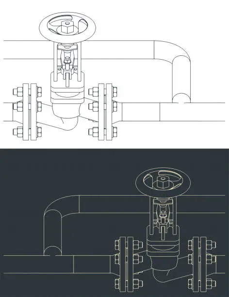 Vector illustration of Bypass steam valve isometric blueprints