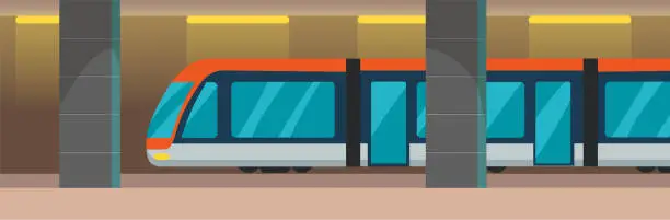 Vector illustration of Transport leaving tunnel to metro. Train for transporting passengers at underground station platform