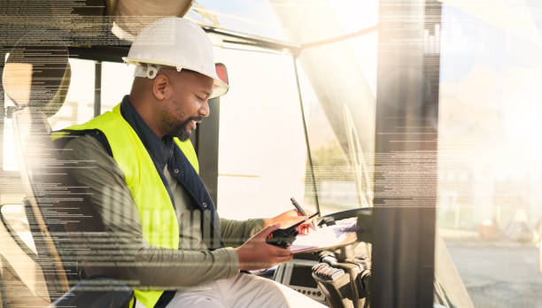 istock Supply chain, shipping and logistics with a man courier in a vehicle writing on documents and working in the export industry. Stock, transport and futuristic with a male distribution worker in a van 1442583383