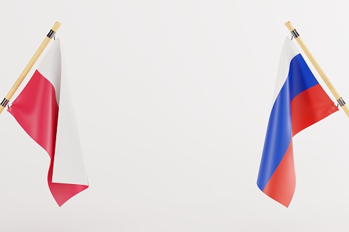 The concept of diplomacy and international relations between Poland and Russia. Conflict and the Russian war with Ukraine. 3D render, 3D illustration.