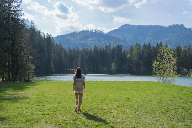 mulher nova caminha pelo prado, pela margem do lago - lake tranquil scene landscape zen like - fotografias e filmes do acervo