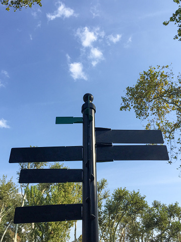 Signposts at the public park with trees and sky background