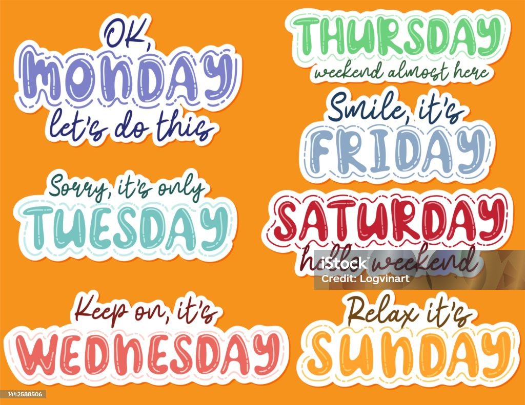 Set Of Days Of The Week Stickers With Lettering Stock Illustration -  Download Image Now - Arrival Departure Board, Calendar, Calendar Date -  iStock