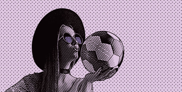 Female soccer fan kissing soccer ball vector art illustration