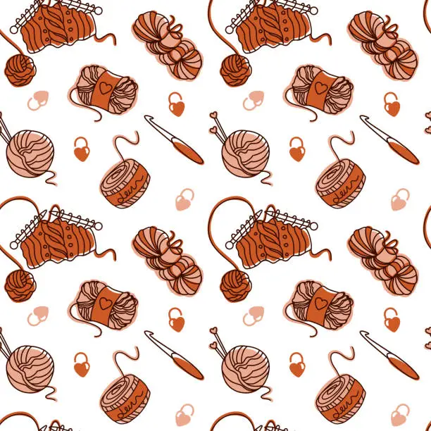 Vector illustration of Knitting and tools, yarn. Seamless pattern