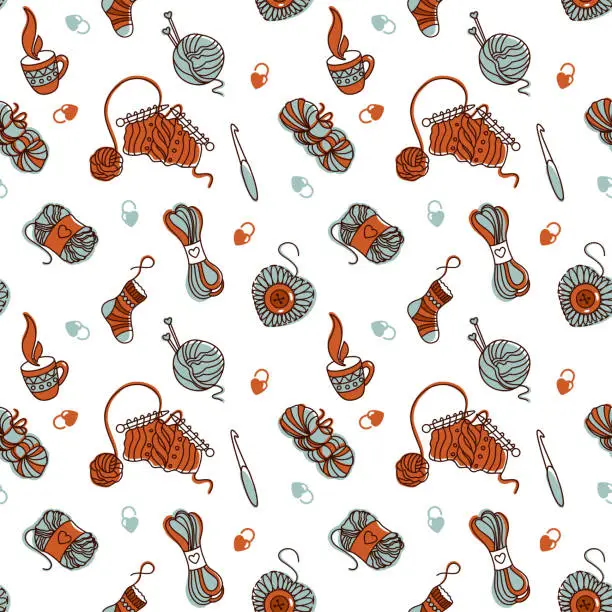 Vector illustration of Knitting and related objects. Seamless pattern