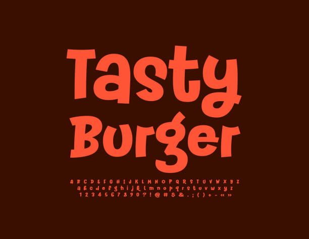 illustrazioni stock, clip art, cartoni animati e icone di tendenza di emblema divertente vettoriale gustoso hamburger con set creativo di lettere, numeri e simboli dell'alfabeto - funky