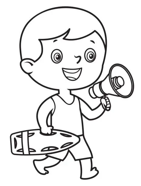 Vector illustration of Black And White, Little Boy Lifeguard