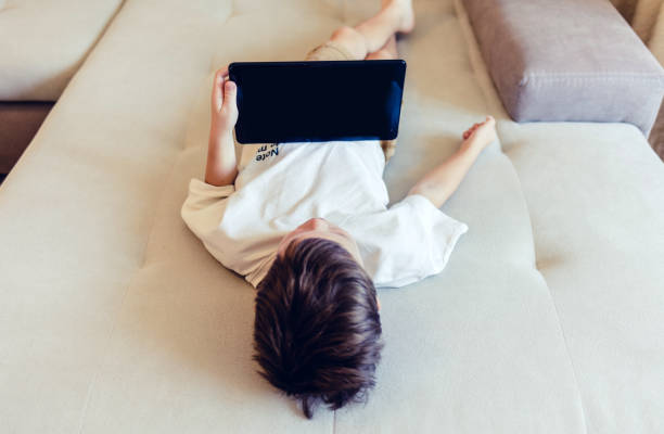 istock Boy playing with digital tablet. Cute little boy playing with a tablet pc on sofa at home. 1442596763