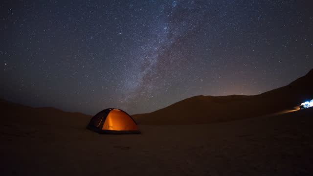 4K motion time lapse of night sky milky way camping in the desert.