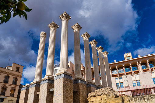 Cordoba, Spain - November 03, 2022: Remaining columns of the Roman temple, templo romano of Cordoba, Andalusia, Spain