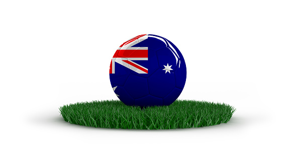 Soccer ball with national flags on grass over white background. World countries football championship.  3D illustration with copy space. Including clipping path. Set of 26 image