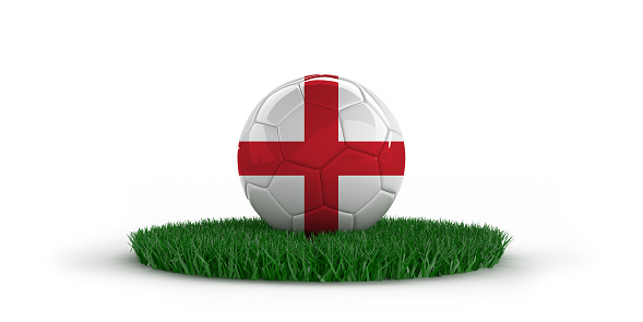 Soccer ball with national flags on grass over white background. World countries football championship.  3D illustration with copy space. Including clipping path. Set of 26 image