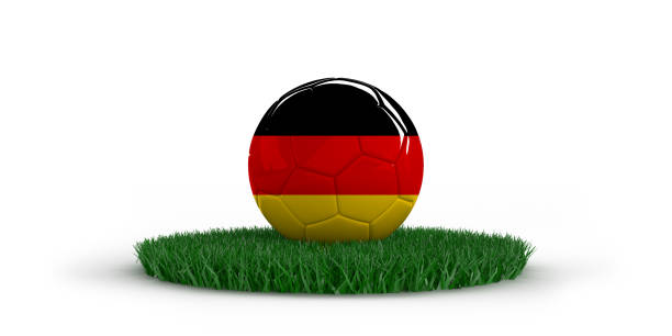 Soccer ball with national flags on grass over white background. World countries football championship.  3D illustration with copy space. Including clipping path. Set of 26 image