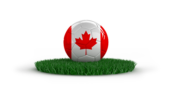 Soccer ball with national flags on grass over white background. World countries football championship.  3D illustration with copy space. Including clipping path. Set of 26 image