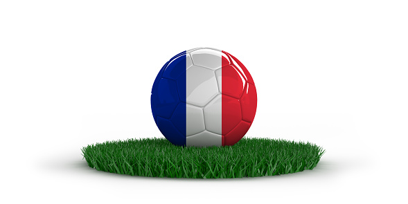 Soccer ball with national flags on grass over white background. World countries football championship.  3D illustration with copy space. Including clipping path. Set of 26 image