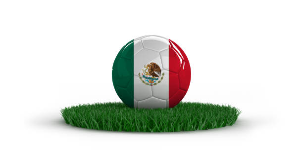 Soccer ball with national flags on grass over white background. World countries football championship.  3D illustration with copy space. Including clipping path. Set of 26 image