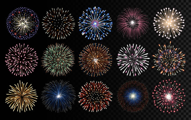 feuerwerk realistische vektor-illustration. feiern, geburtstag und neujahrsdekorationen. - pyrotechnics stock-grafiken, -clipart, -cartoons und -symbole