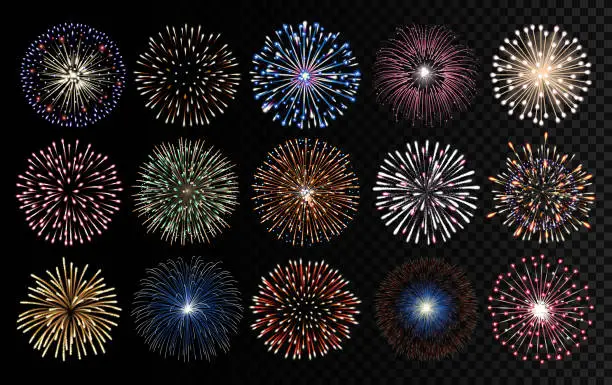 Vector illustration of Fireworks realistic vector illustration. Celebrating, birthday and new year decorations.