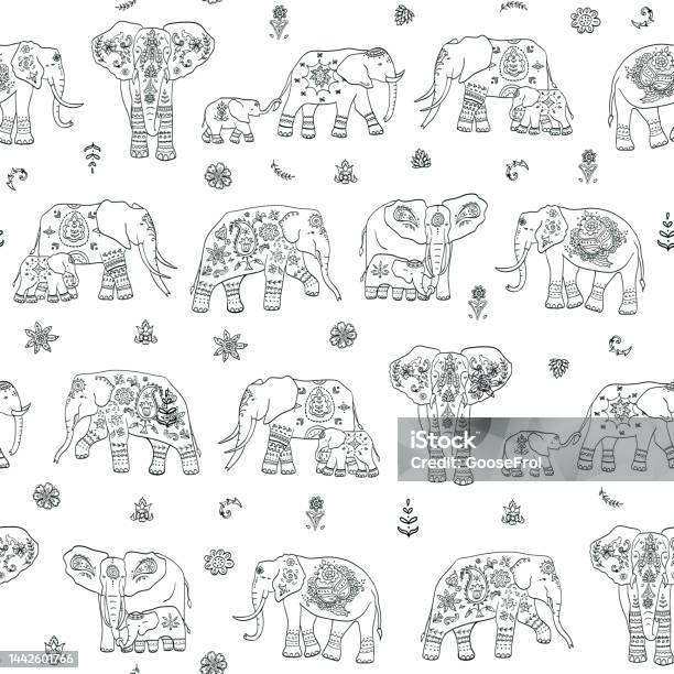 Elephant Pattern Vector Indian Elephant With Ornament Vector Seamless Pattern Stock ...